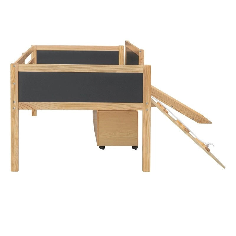 Low Loft Bed with Slide, Twin Loft Bed with Storage Boxes, Wood Twin Low Loft Bed Frame with Climbing Ladder and Chalk Board