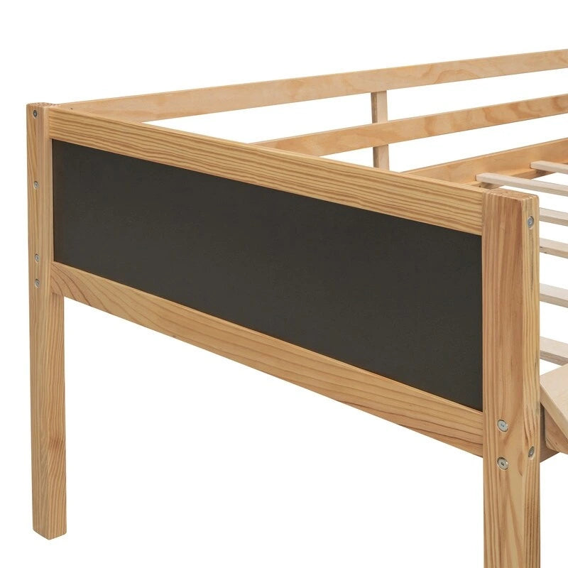 Low Loft Bed with Slide, Twin Loft Bed with Storage Boxes, Wood Twin Low Loft Bed Frame with Climbing Ladder and Chalk Board