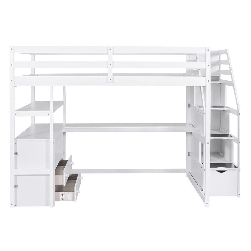Wooden Full Size Loft Bed with Desk and Shelves, Two Built-in Drawers, Storage Staircase