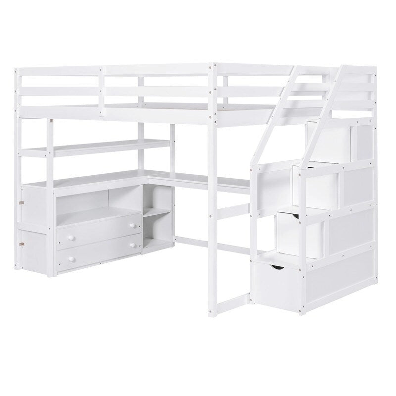 Wooden Full Size Loft Bed with Desk and Shelves, Two Built-in Drawers, Storage Staircase