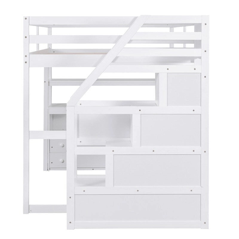 Wooden Full Size Loft Bed with Desk and Shelves, Two Built-in Drawers, Storage Staircase