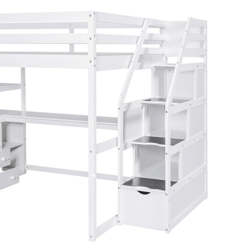 Wooden Full Size Loft Bed with Desk and Shelves, Two Built-in Drawers, Storage Staircase
