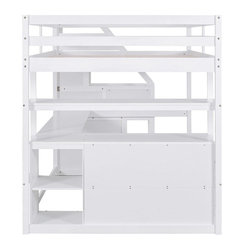 Wooden Full Size Loft Bed with Desk and Shelves, Two Built-in Drawers, Storage Staircase