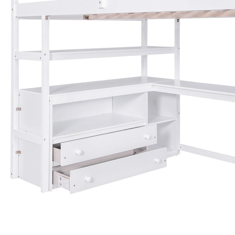 Wooden Full Size Loft Bed with Desk and Shelves, Two Built-in Drawers, Storage Staircase