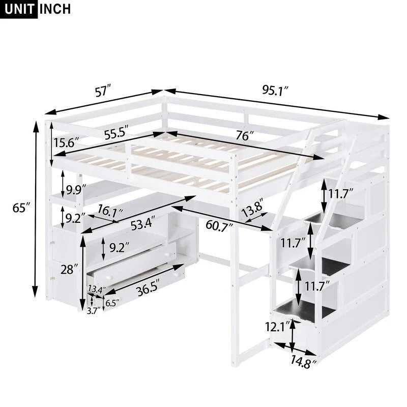 Wooden Full Size Loft Bed with Desk and Shelves, Two Built-in Drawers, Storage Staircase