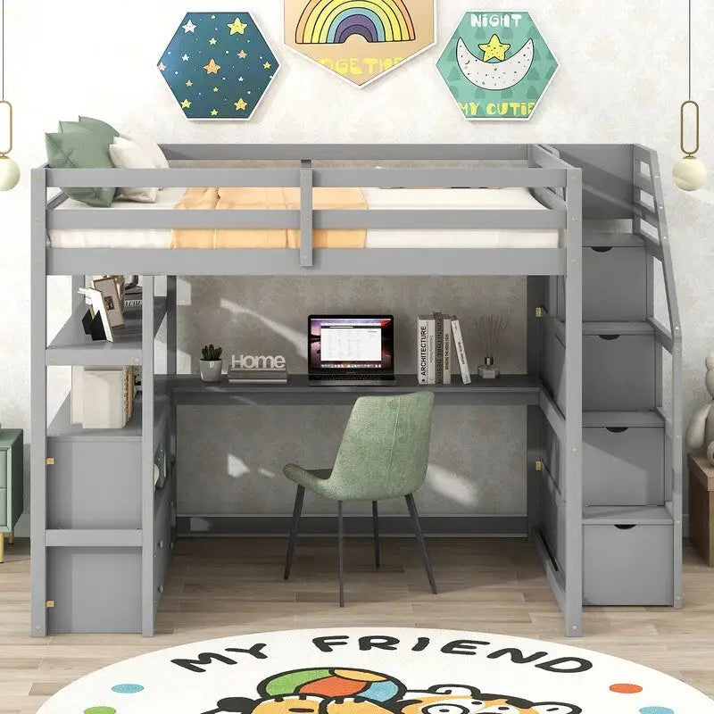 Wooden Full Size Loft Bed with Desk and Shelves, Two Built-in Drawers, Storage Staircase