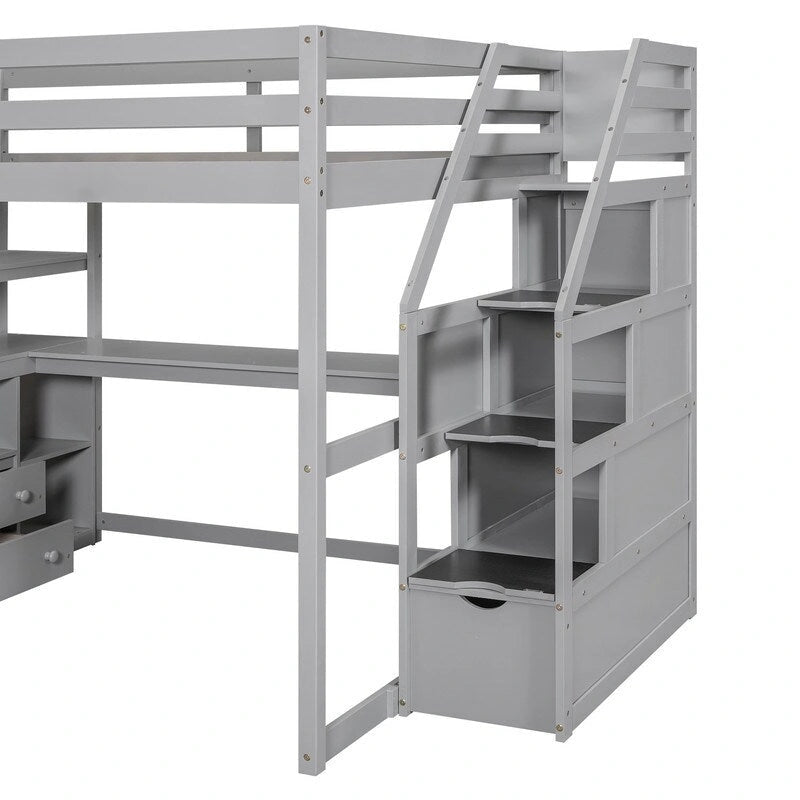 Wooden Full Size Loft Bed with Desk and Shelves, Two Built-in Drawers, Storage Staircase