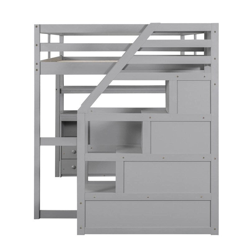 Wooden Full Size Loft Bed with Desk and Shelves, Two Built-in Drawers, Storage Staircase