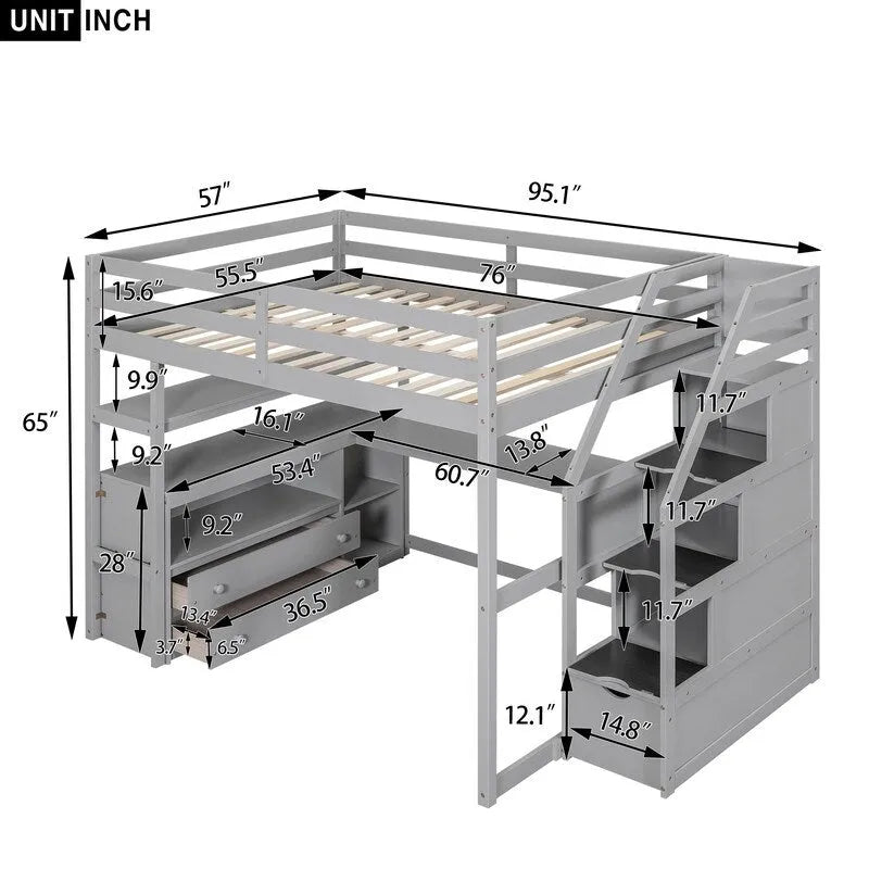 Wooden Full Size Loft Bed with Desk and Shelves, Two Built-in Drawers, Storage Staircase