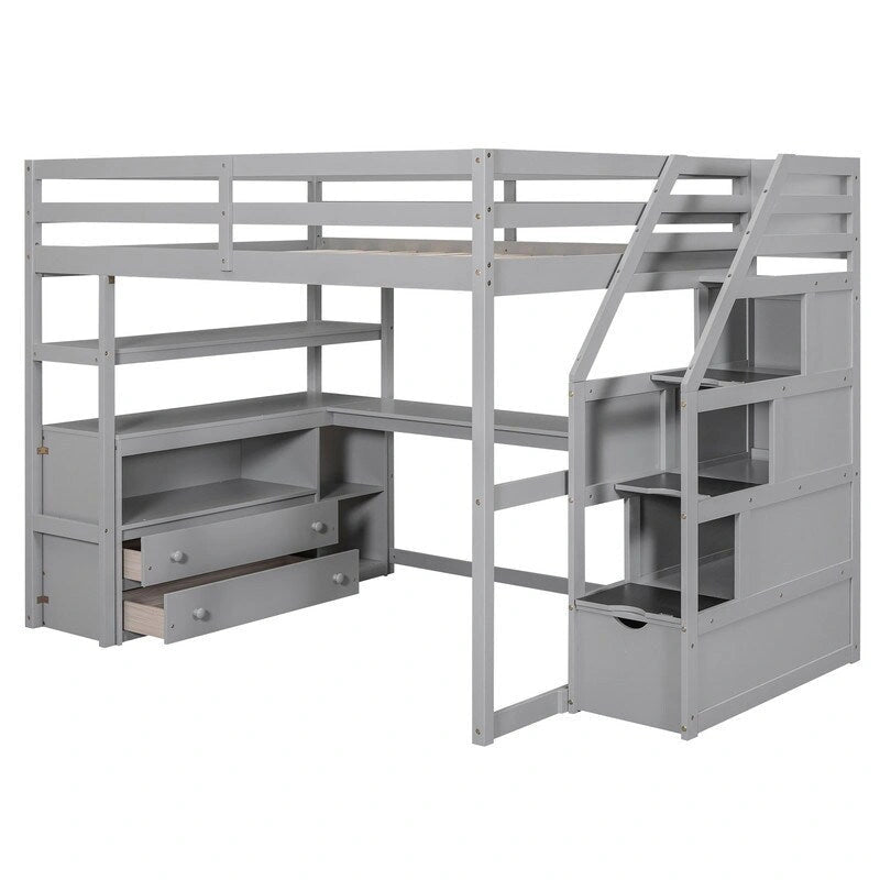 Wooden Full Size Loft Bed with Desk and Shelves, Two Built-in Drawers, Storage Staircase