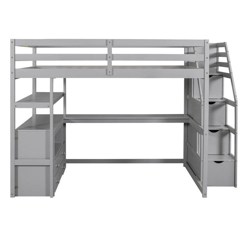 Wooden Full Size Loft Bed with Desk and Shelves, Two Built-in Drawers, Storage Staircase