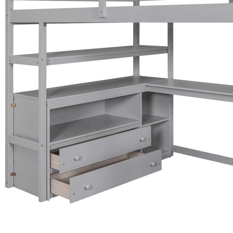 Wooden Full Size Loft Bed with Desk and Shelves, Two Built-in Drawers, Storage Staircase