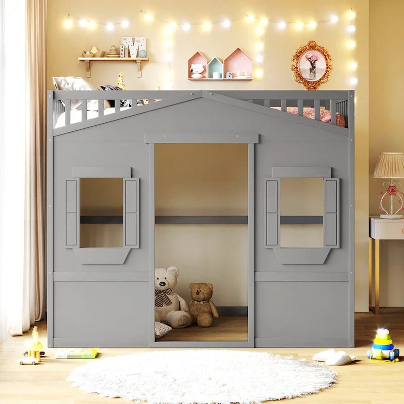 Solid Wood Full Size House Loft Bed with Ladder and Underbed Gaming Space