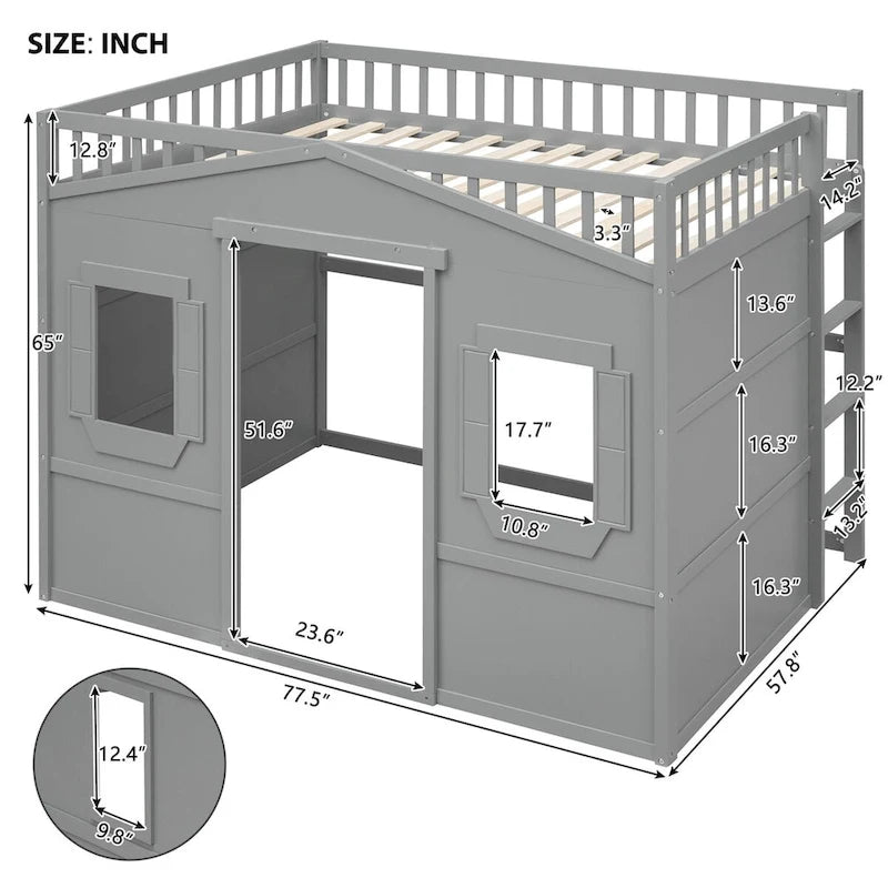 Solid Wood Full Size House Loft Bed with Ladder and Underbed Gaming Space