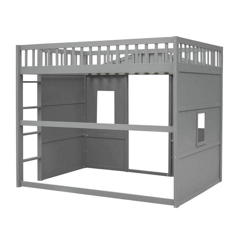Solid Wood Full Size House Loft Bed with Ladder and Underbed Gaming Space