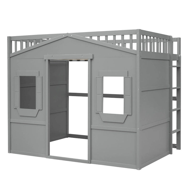 Solid Wood Full Size House Loft Bed with Ladder and Underbed Gaming Space