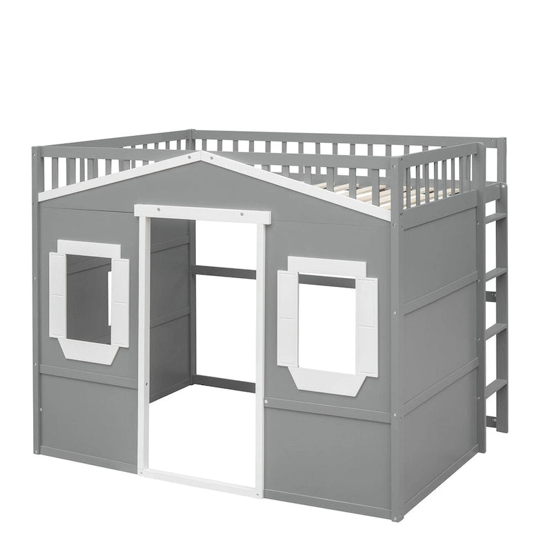 Solid Wood Full Size House Loft Bed with Ladder and Underbed Gaming Space