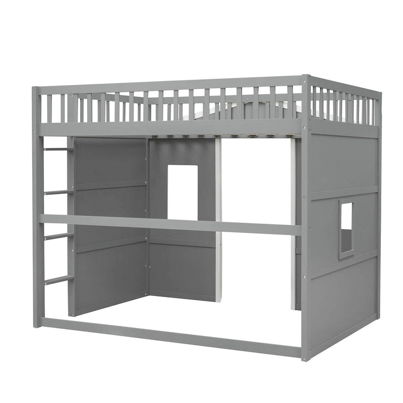 Solid Wood Full Size House Loft Bed with Ladder and Underbed Gaming Space
