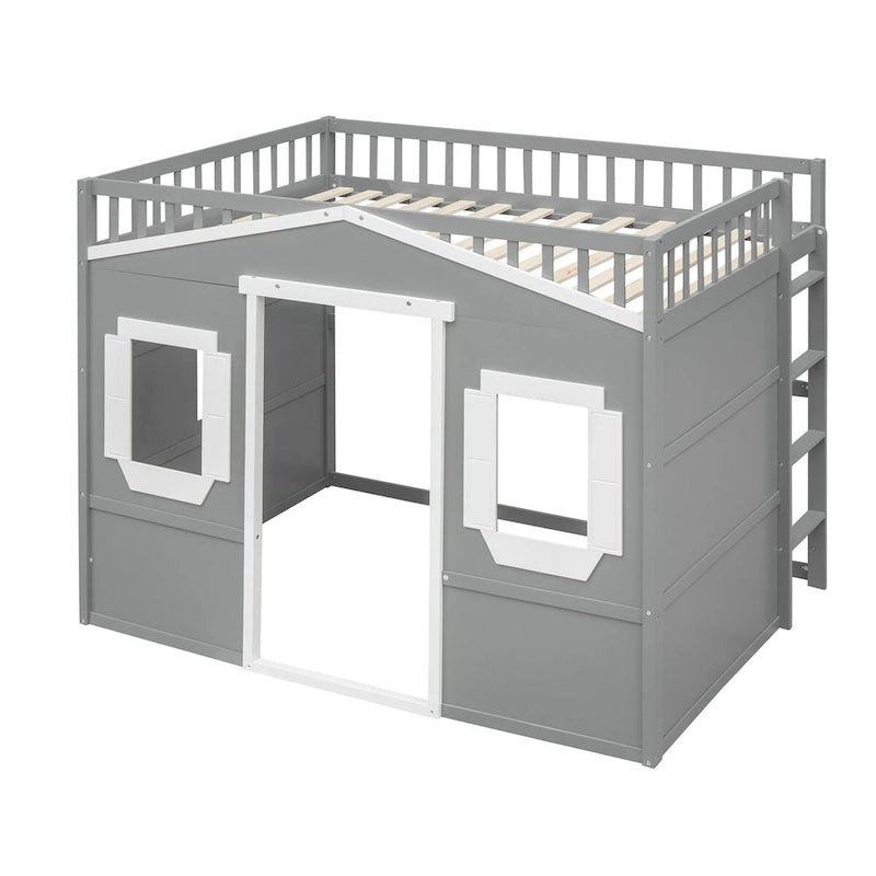 Solid Wood Full Size House Loft Bed with Ladder and Underbed Gaming Space