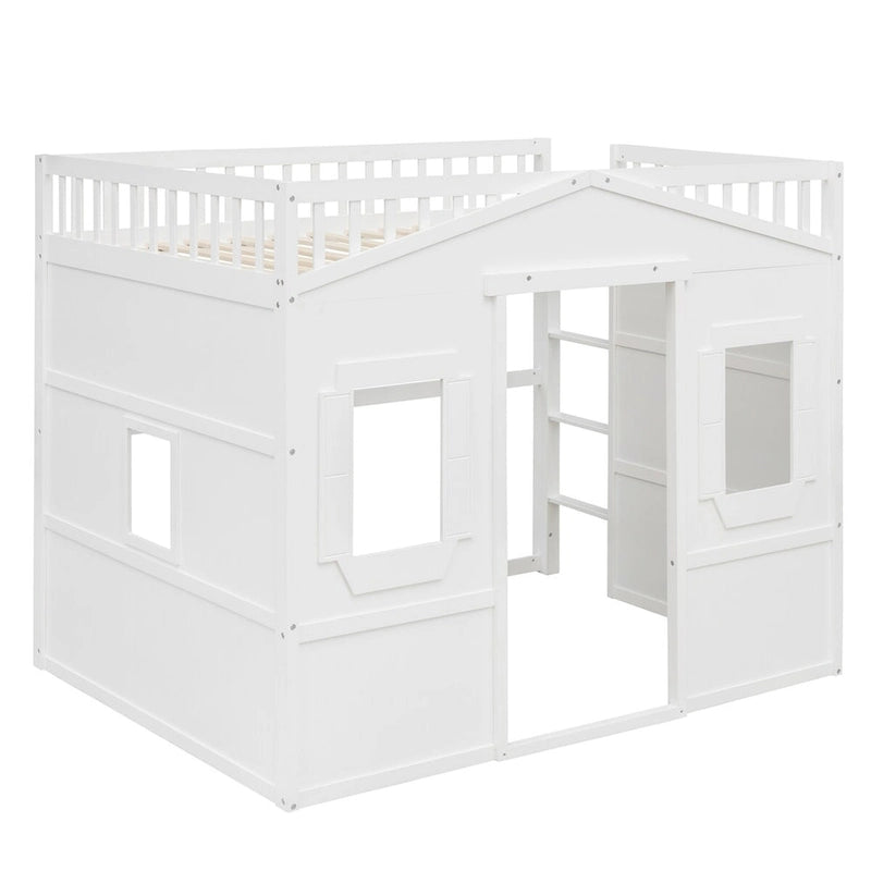 Solid Wood Full Size House Loft Bed with Ladder and Underbed Gaming Space