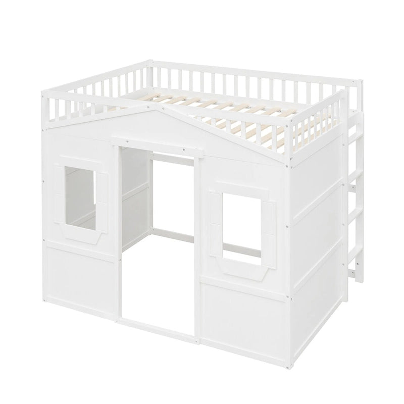 Solid Wood Full Size House Loft Bed with Ladder and Underbed Gaming Space