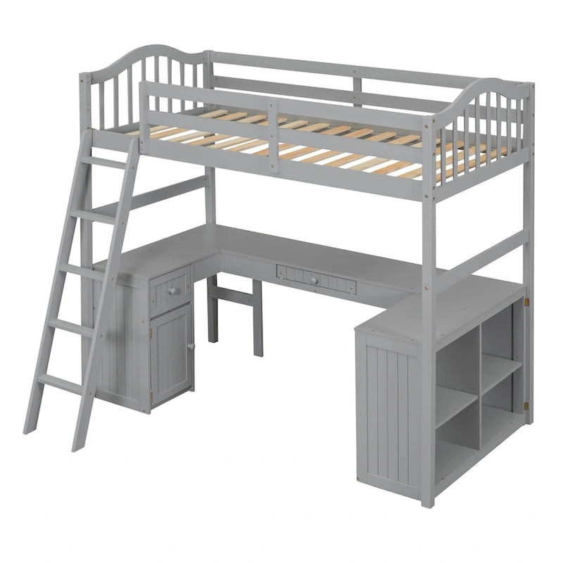 Wooden Loft Bed with Drawers, Cabinet, Shelves and Desk