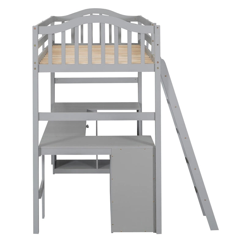 Wooden Loft Bed with Drawers, Cabinet, Shelves and Desk