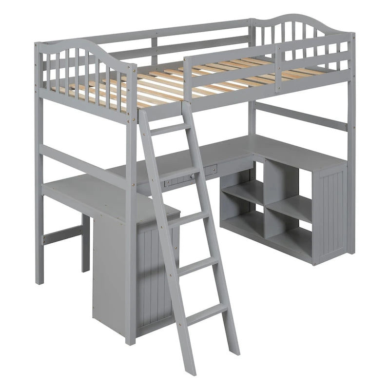 Wooden Loft Bed with Drawers, Cabinet, Shelves and Desk