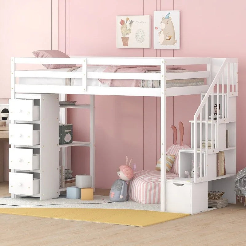 Twin-Size Loft Bed with Storage Drawers and Stairs, Wooden Loft Bed with Shelves for Teens