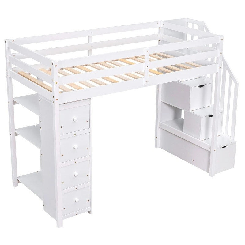 Twin-Size Loft Bed with Storage Drawers and Stairs, Wooden Loft Bed with Shelves for Teens