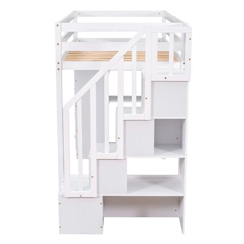 Twin-Size Loft Bed with Storage Drawers and Stairs, Wooden Loft Bed with Shelves for Teens