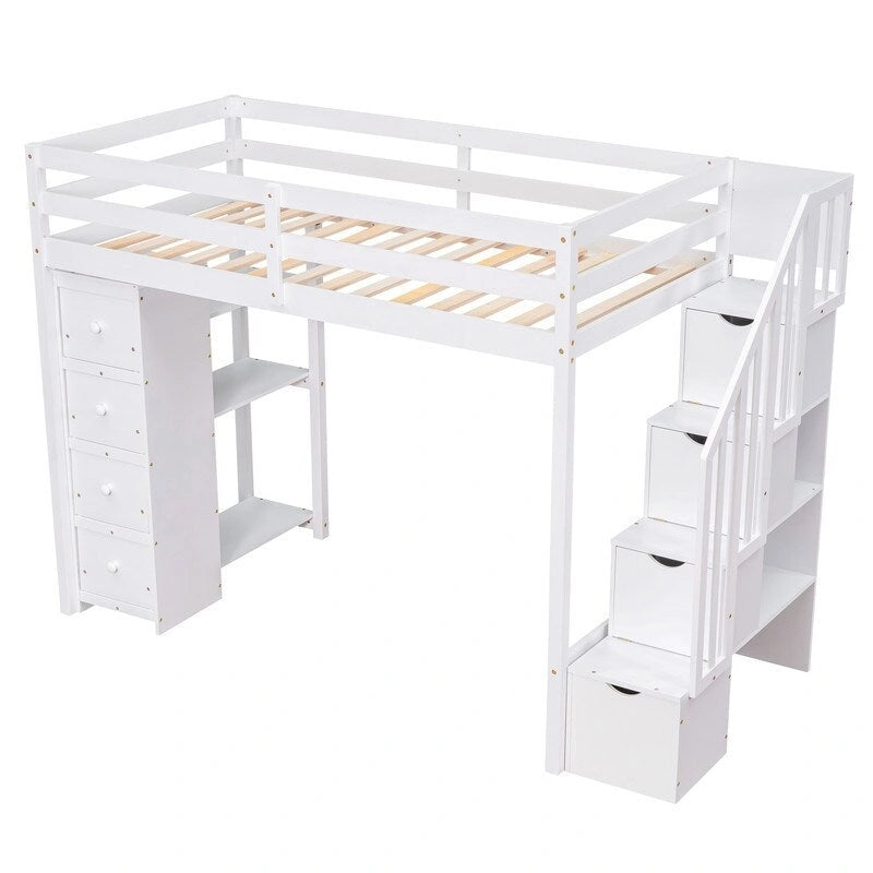 Twin-Size Loft Bed with Storage Drawers and Stairs, Wooden Loft Bed with Shelves for Teens