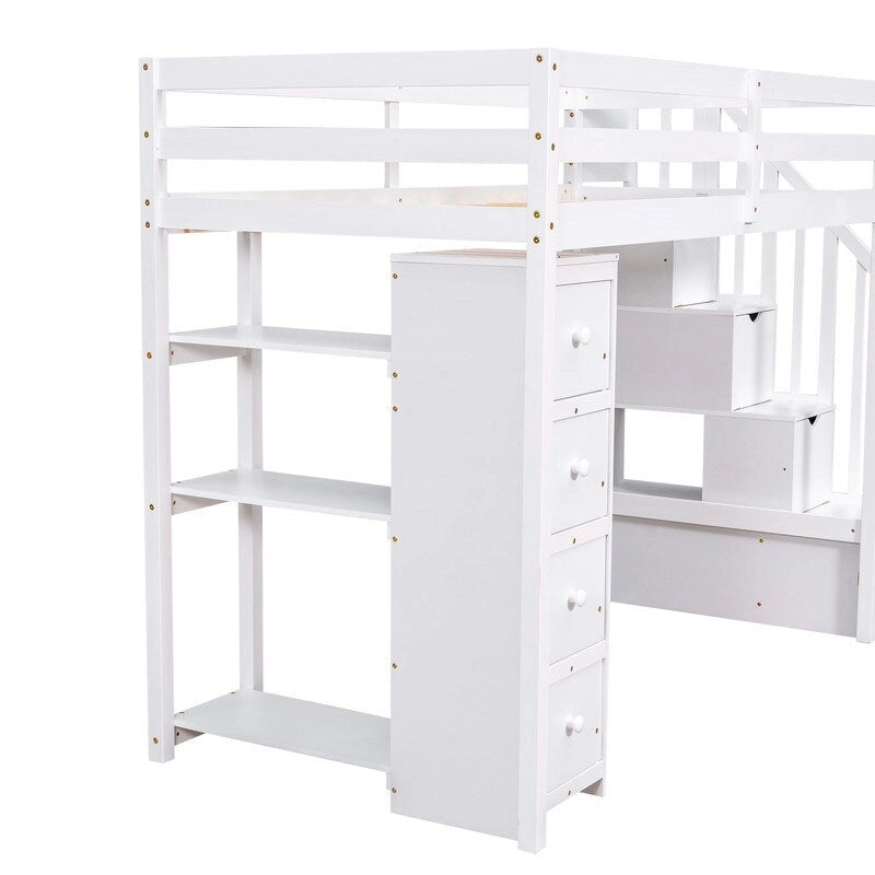 Twin-Size Loft Bed with Storage Drawers and Stairs, Wooden Loft Bed with Shelves for Teens