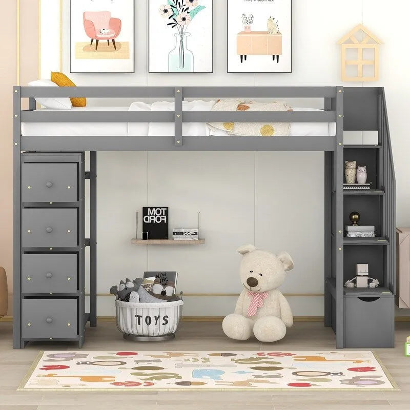 Twin-Size Loft Bed with Storage Drawers and Stairs, Wooden Loft Bed with Shelves for Teens