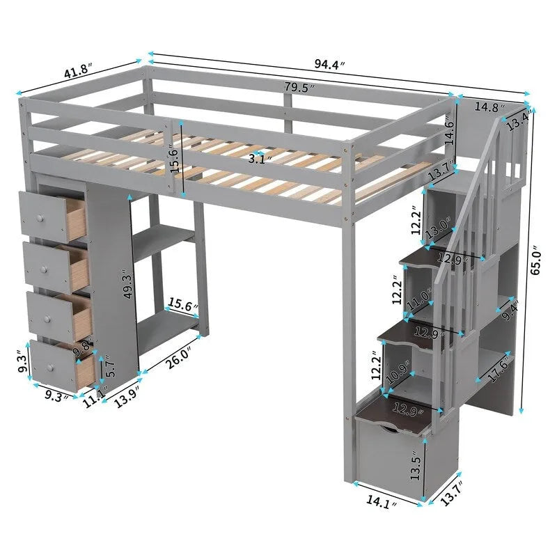 Twin-Size Loft Bed with Storage Drawers and Stairs, Wooden Loft Bed with Shelves for Teens