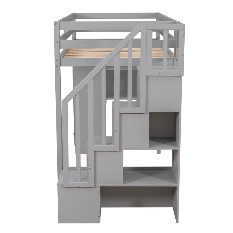 Twin-Size Loft Bed with Storage Drawers and Stairs, Wooden Loft Bed with Shelves for Teens