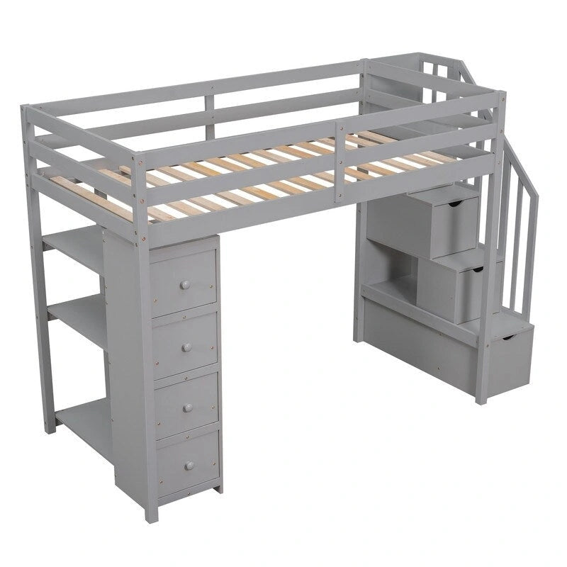 Twin-Size Loft Bed with Storage Drawers and Stairs, Wooden Loft Bed with Shelves for Teens