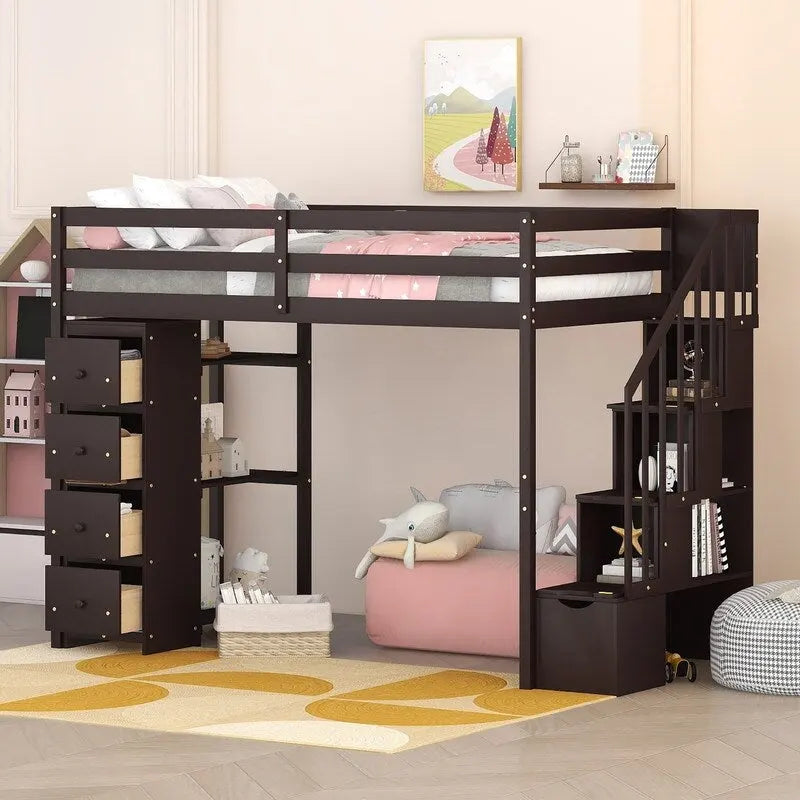 Twin-Size Loft Bed with Storage Drawers and Stairs, Wooden Loft Bed with Shelves for Teens
