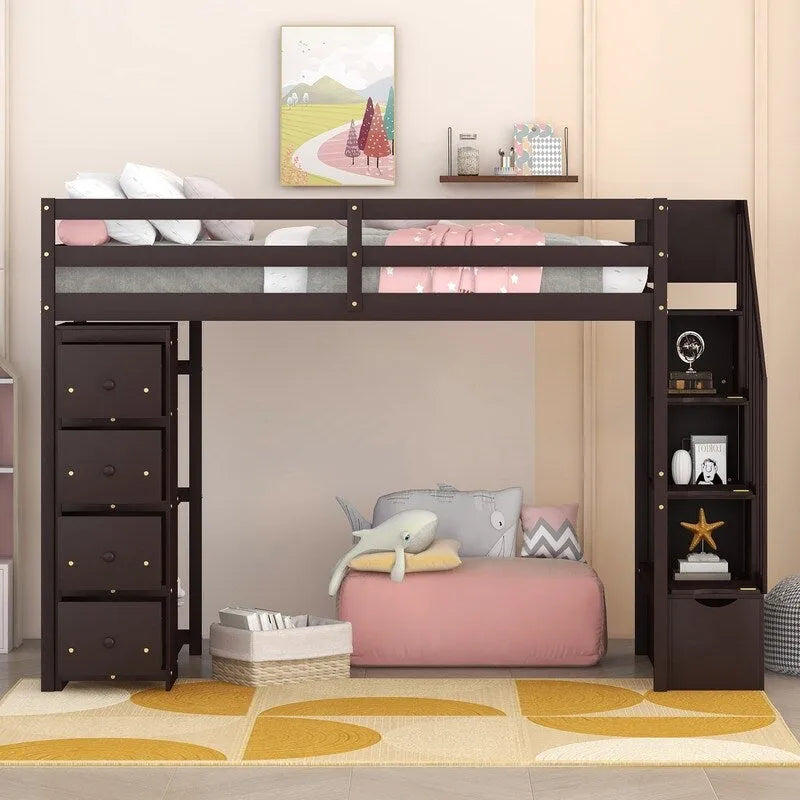 Twin-Size Loft Bed with Storage Drawers and Stairs, Wooden Loft Bed with Shelves for Teens