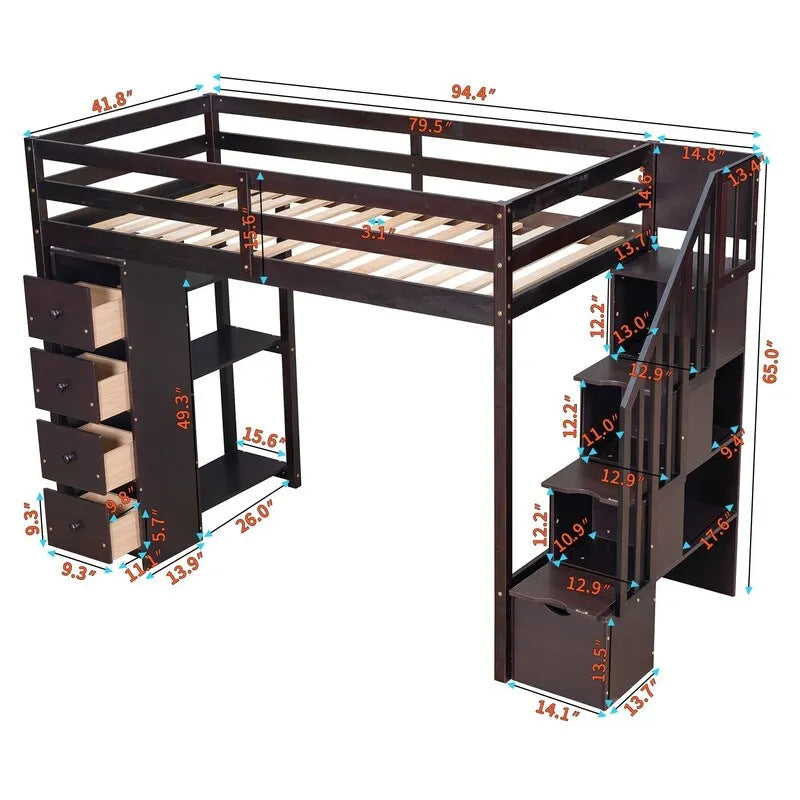 Twin-Size Loft Bed with Storage Drawers and Stairs, Wooden Loft Bed with Shelves for Teens