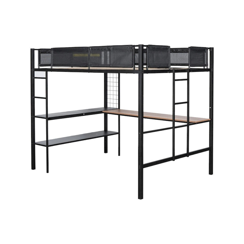 Metal Full Size Loft Bed with Desk and Shelves
