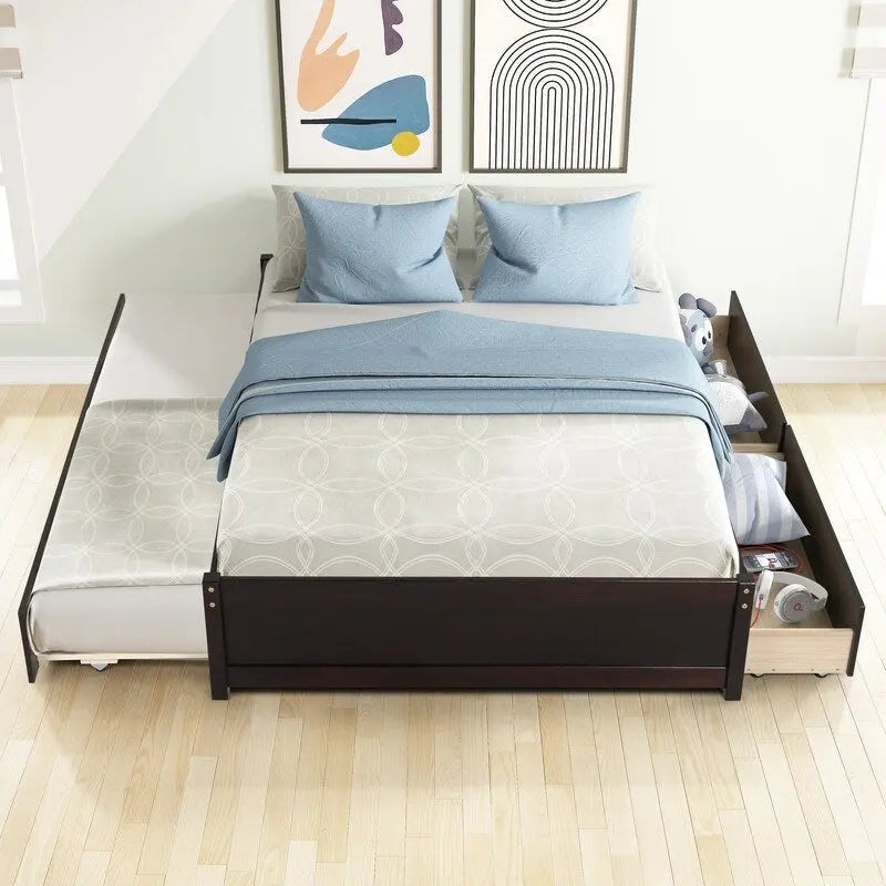 Full Size Bed With Twin Size Trundle and Two Drawers