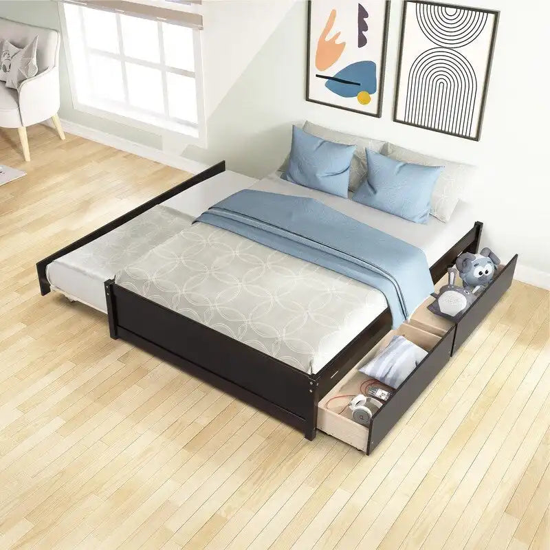 Full Size Bed With Twin Size Trundle and Two Drawers