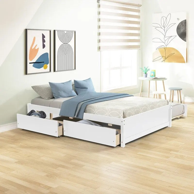 Full Size Bed With Twin Size Trundle and Two Drawers