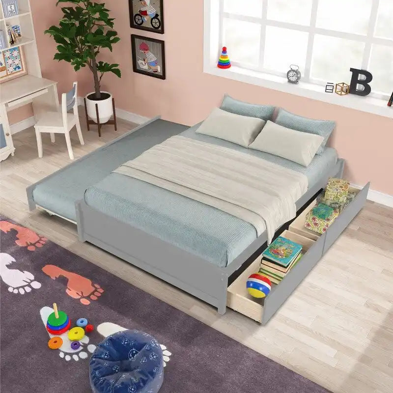 Full Size Bed With Twin Size Trundle and Two Drawers