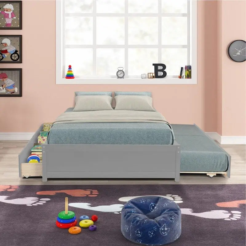 Full Size Bed With Twin Size Trundle and Two Drawers