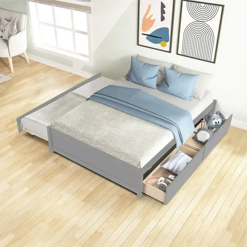 Full Size Bed With Twin Size Trundle and Two Drawers
