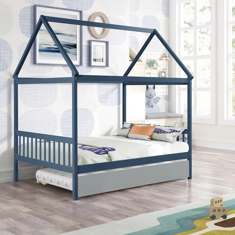Pine Full House Bed with Canopy, Trundle, and Roof