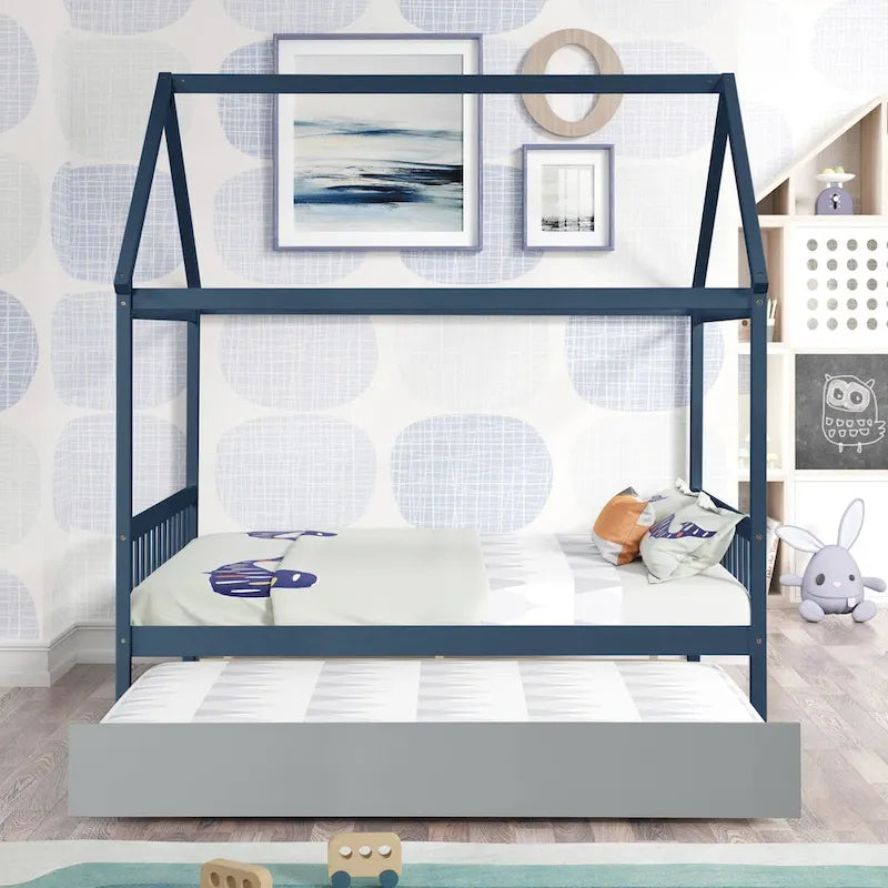 Pine Full House Bed with Canopy, Trundle, and Roof