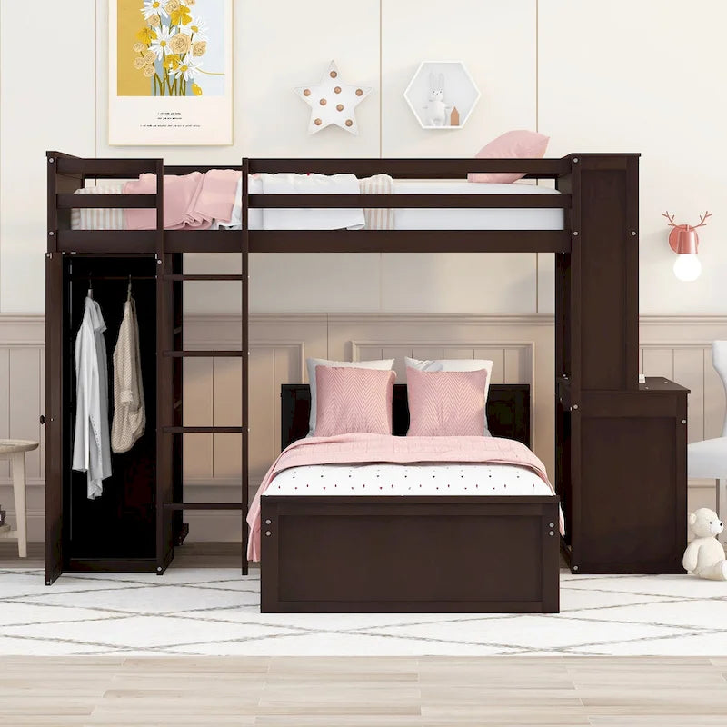 Loft Bed with a Stand-alone bed, Shelves, Desk and Wardrobe
